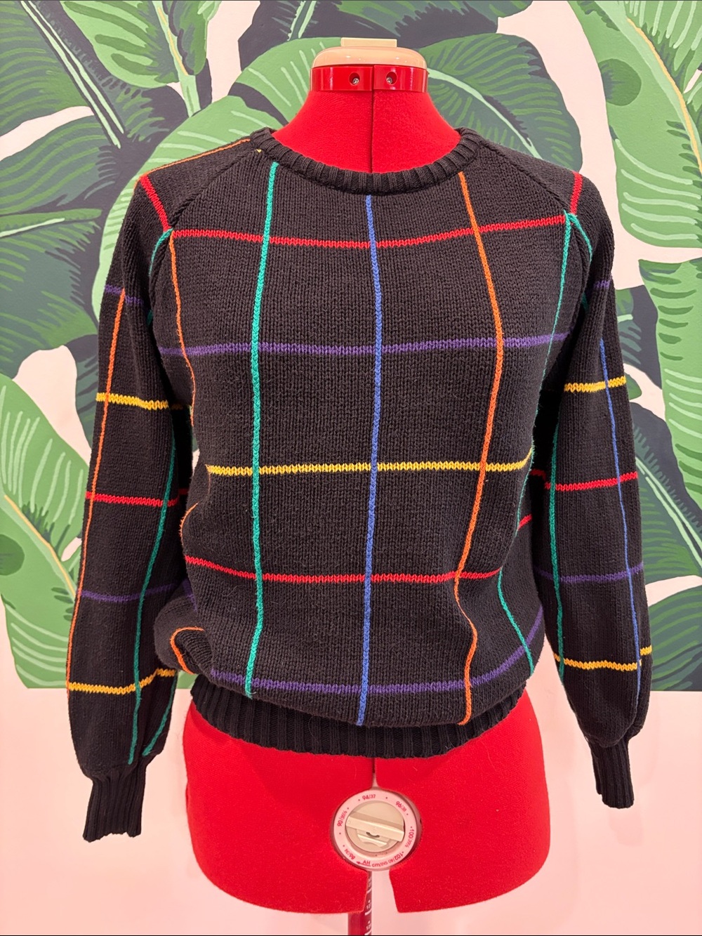 Merona Black Windowpane Crewneck Sweater with Rainbow Stripes